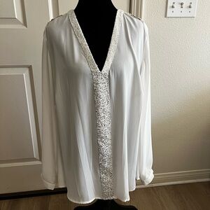 NY Collection Woman White Sequined Collar W/Silver Links Party Casual Blouse 2X